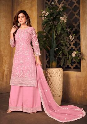 Pink Embroidered Net Sharara Set