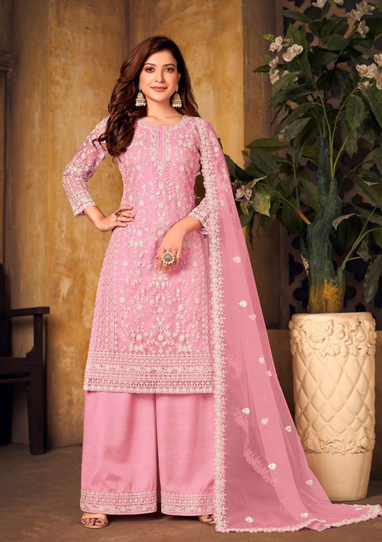 Pink Embroidered Net Sharara Set - Indya