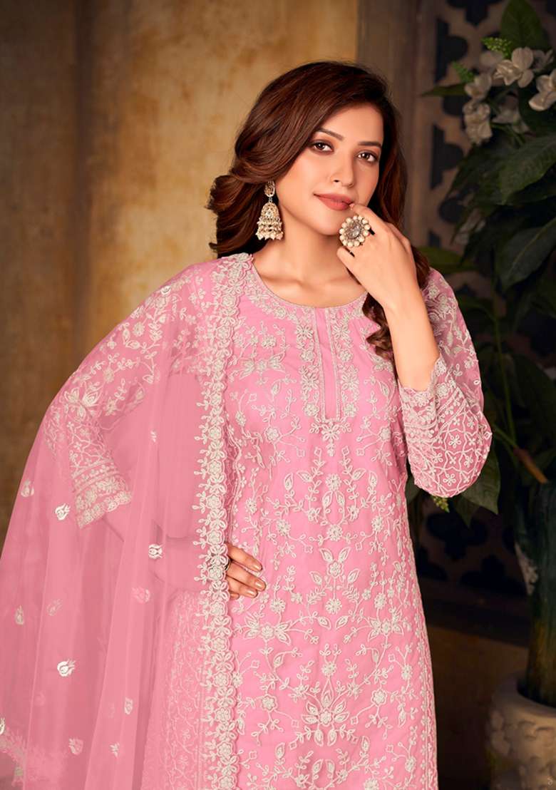 Pink Embroidered Net Sharara Set - Indya