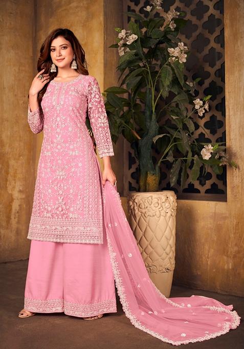 Pink Embroidered Net Kurta Set