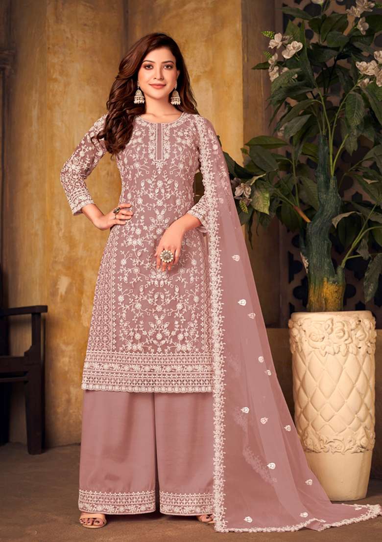 Light Brown Embroidered Net Straight Kurta Set - Indya