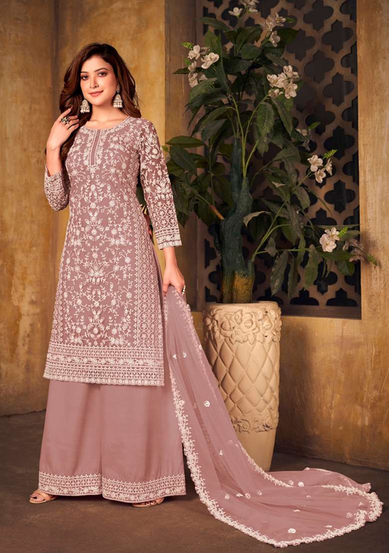 Light Brown Embroidered Net Straight Kurta Set - Indya