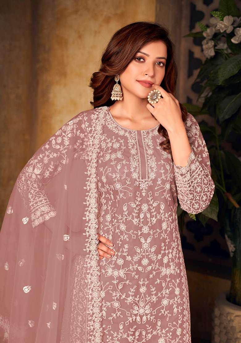 Light Brown Embroidered Net Straight Kurta Set - Indya
