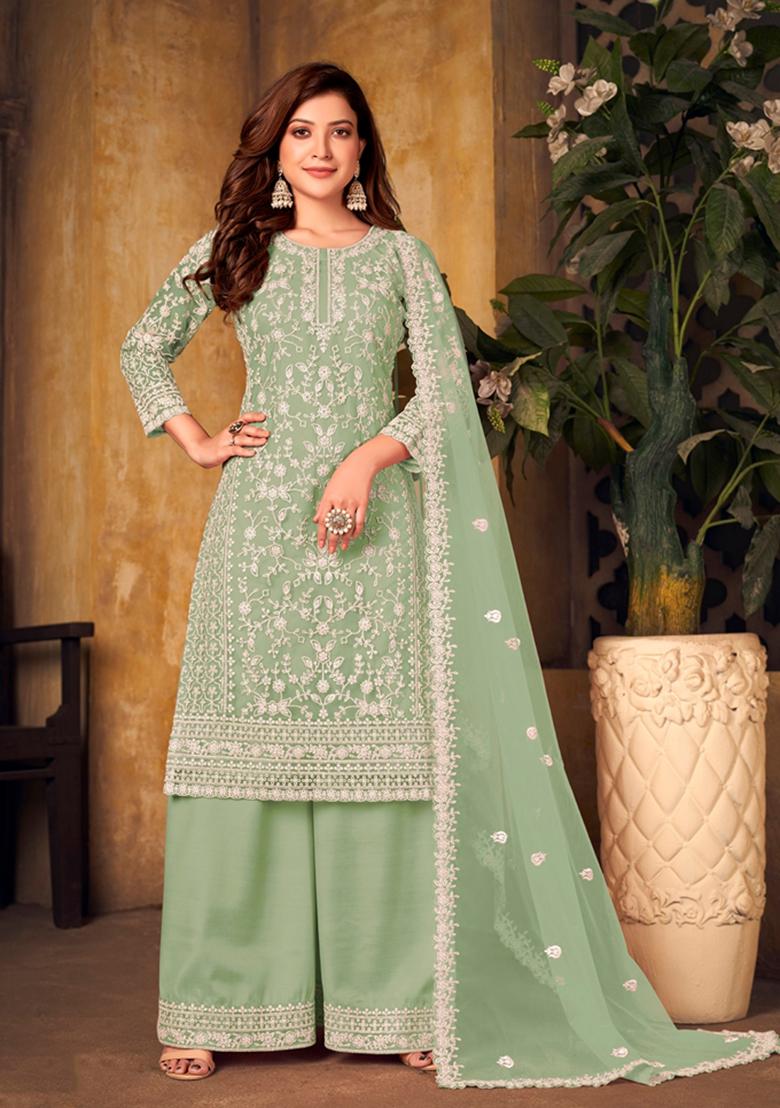 Light Green Embroidered Net Kurta Set