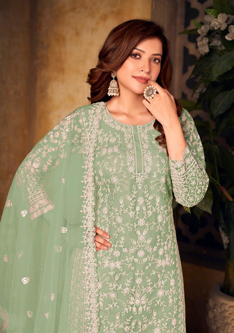 Light Green Embroidered Net Kurta Set