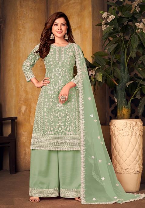 Light Green Embroidered Net Kurta Set