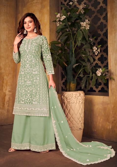 Light Green Embroidered Net Kurta Set