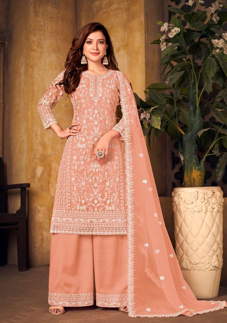 Orange Chikankari Net Straight Kurta Set - Indya