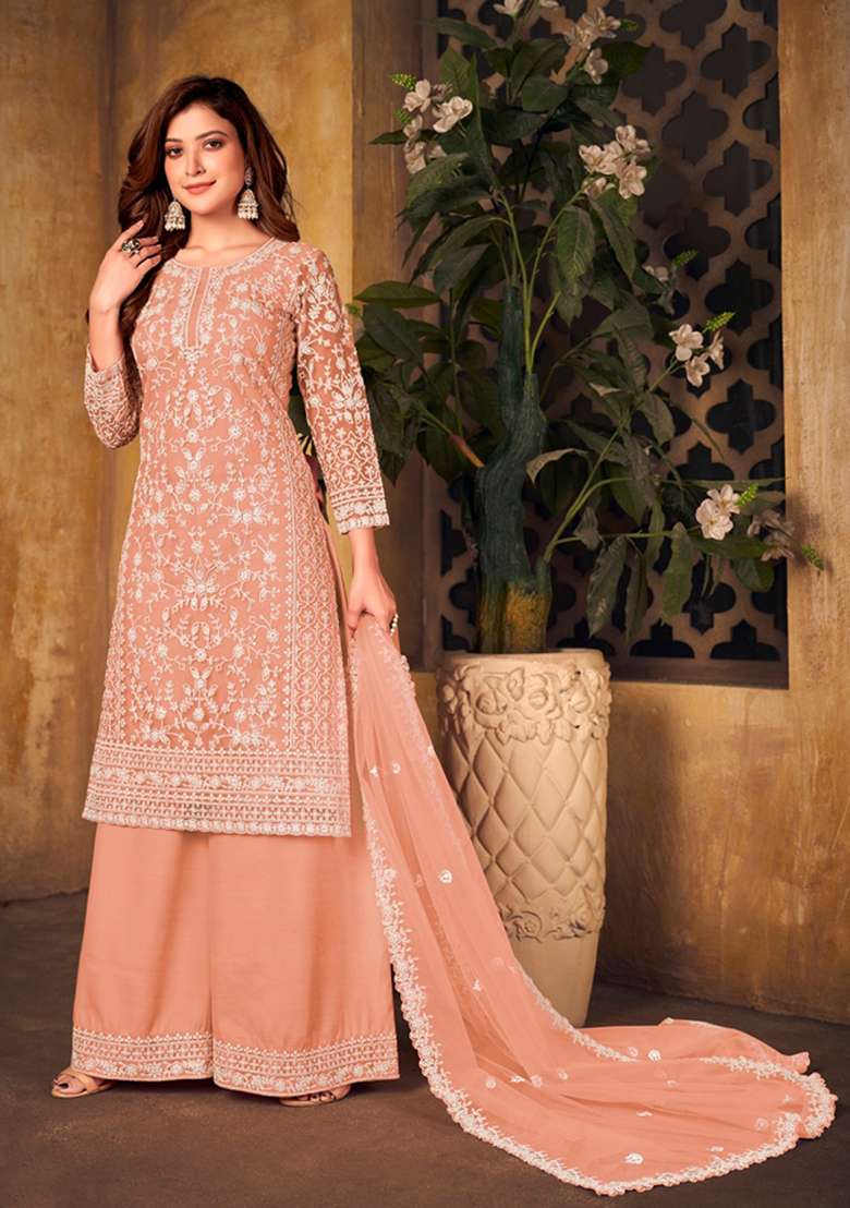 Orange Chikankari Net Straight Kurta Set - Indya