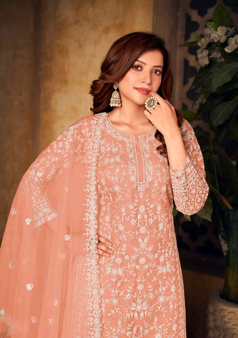 Orange Chikankari Net Straight Kurta Set - Indya