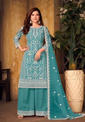 Teal Embroidered Net Kurta Set