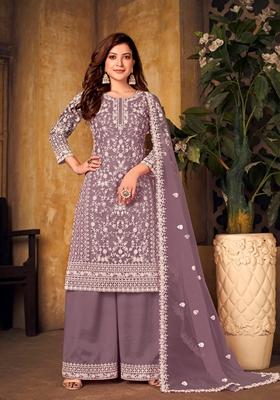 Lavender Embroidered Net Kurta Set