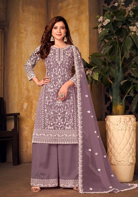 Lavender Embroidered Net Kurta Set