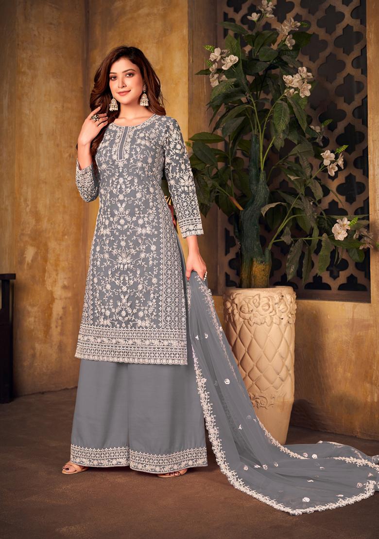 Grey Embroidered Net Kurta Set