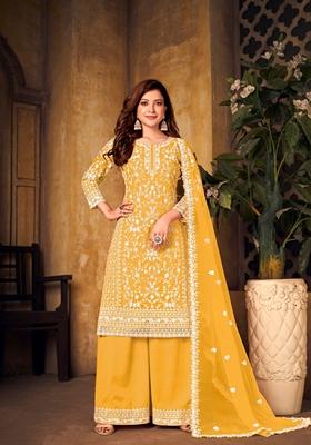 Yellow Embroidered Net Kurta Set