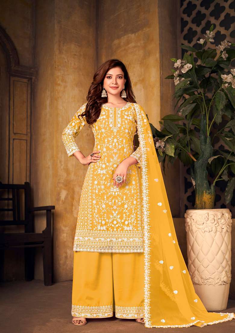 Yellow Chikankari Net Pakistani Suit Set - Indya