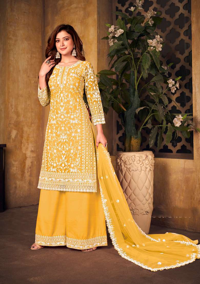 Yellow Chikankari Net Pakistani Suit Set - Indya