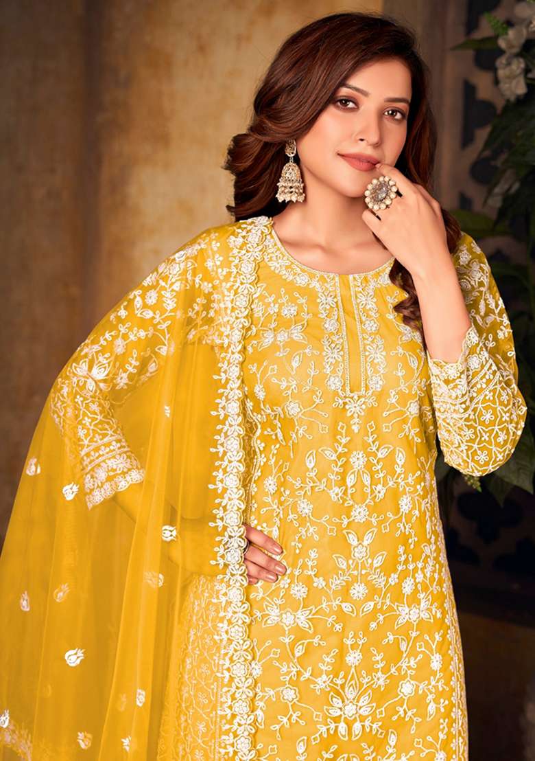 Yellow Chikankari Net Pakistani Suit Set - Indya