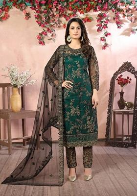 Green Embroidered Net Kurta Set