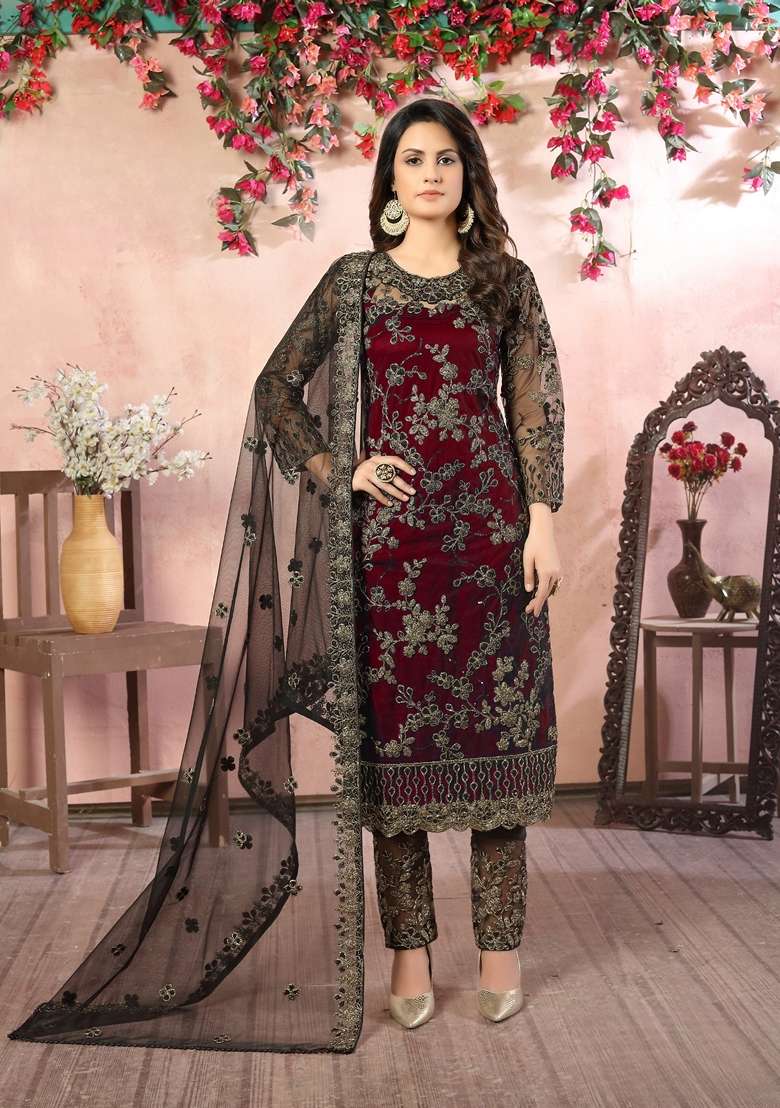 Maroon Embroidered Net Pakistani Suit Set - Indya