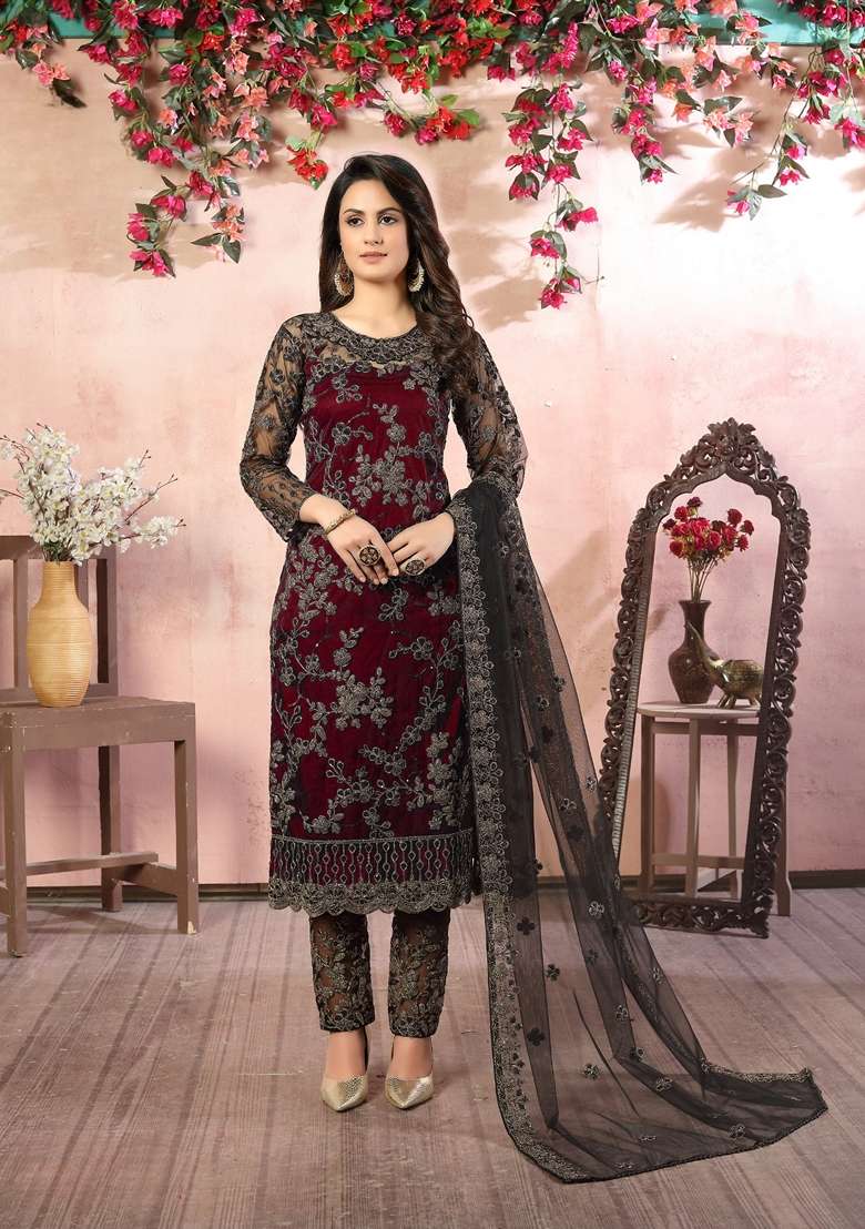 Maroon Embroidered Net Pakistani Suit Set - Indya