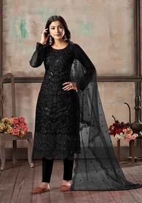 Black Embroidered Net Kurta Set
