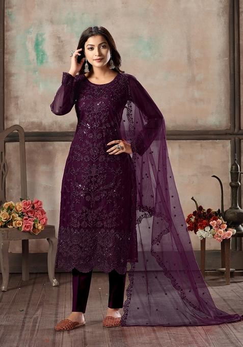 Dark Purple Embroidered Net Kurta Set