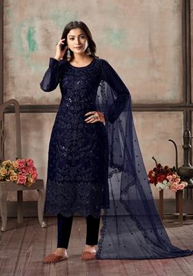 Navy Blue Embroidered Net Kurta Set