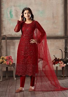 Maroon Embroidered Net Kurta Set