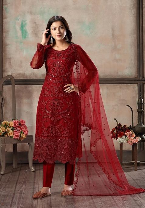 Maroon Embroidered Net Kurta Set