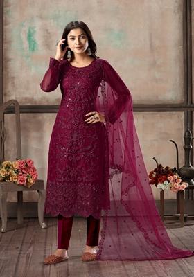 Purple Embroidered Net Kurta Set