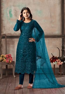 Teal Embroidered Net Kurta Set