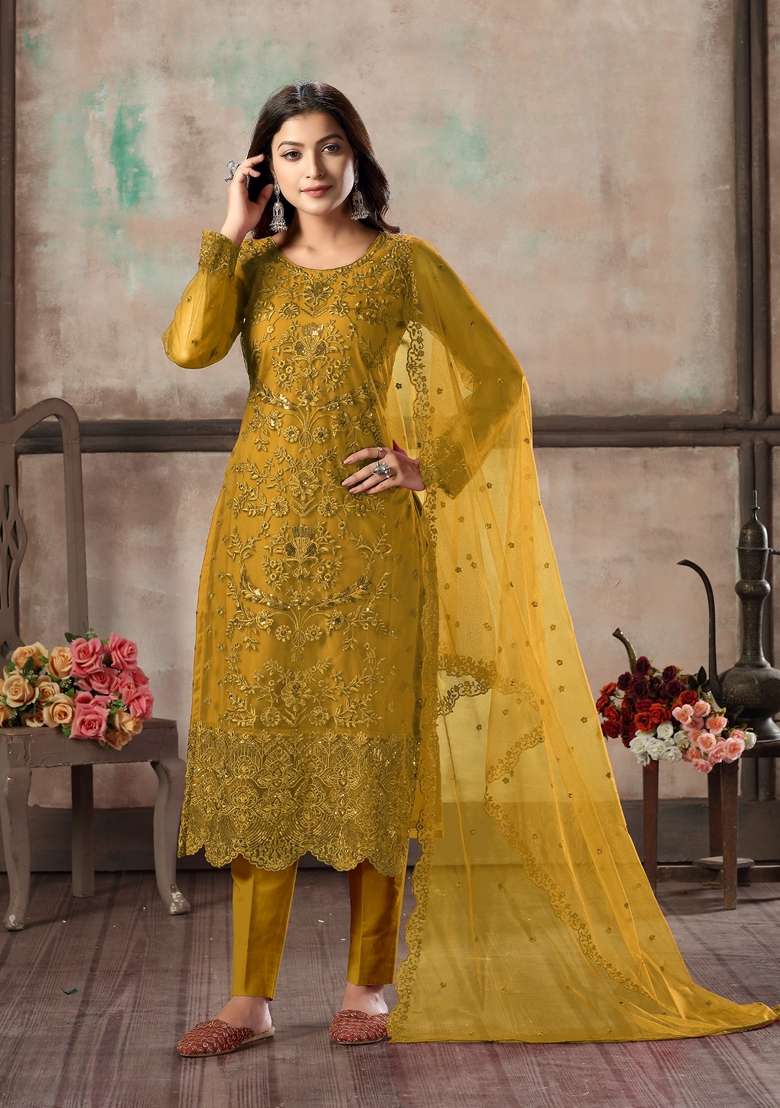 Mustard Embroidered Net Kurta Set - Indya