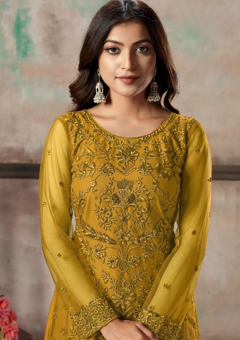 Mustard Embroidered Net Kurta Set - Indya