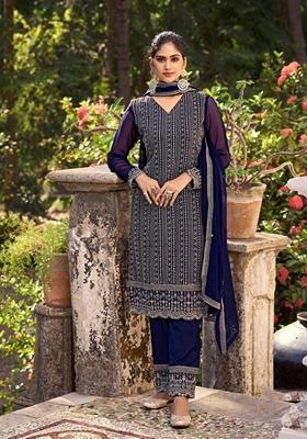 Navy Blue Embroidered Silk Kurta Set
