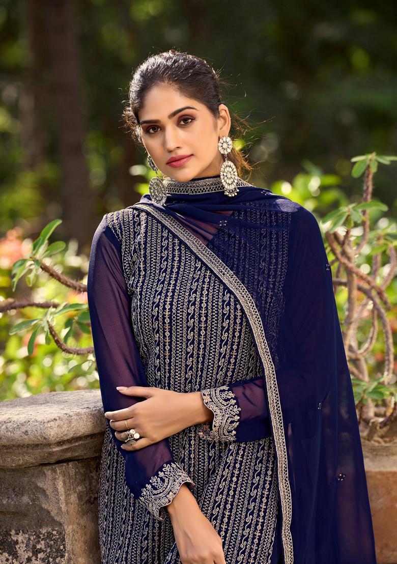 Navy Blue Embroidered Silk Kurta Set