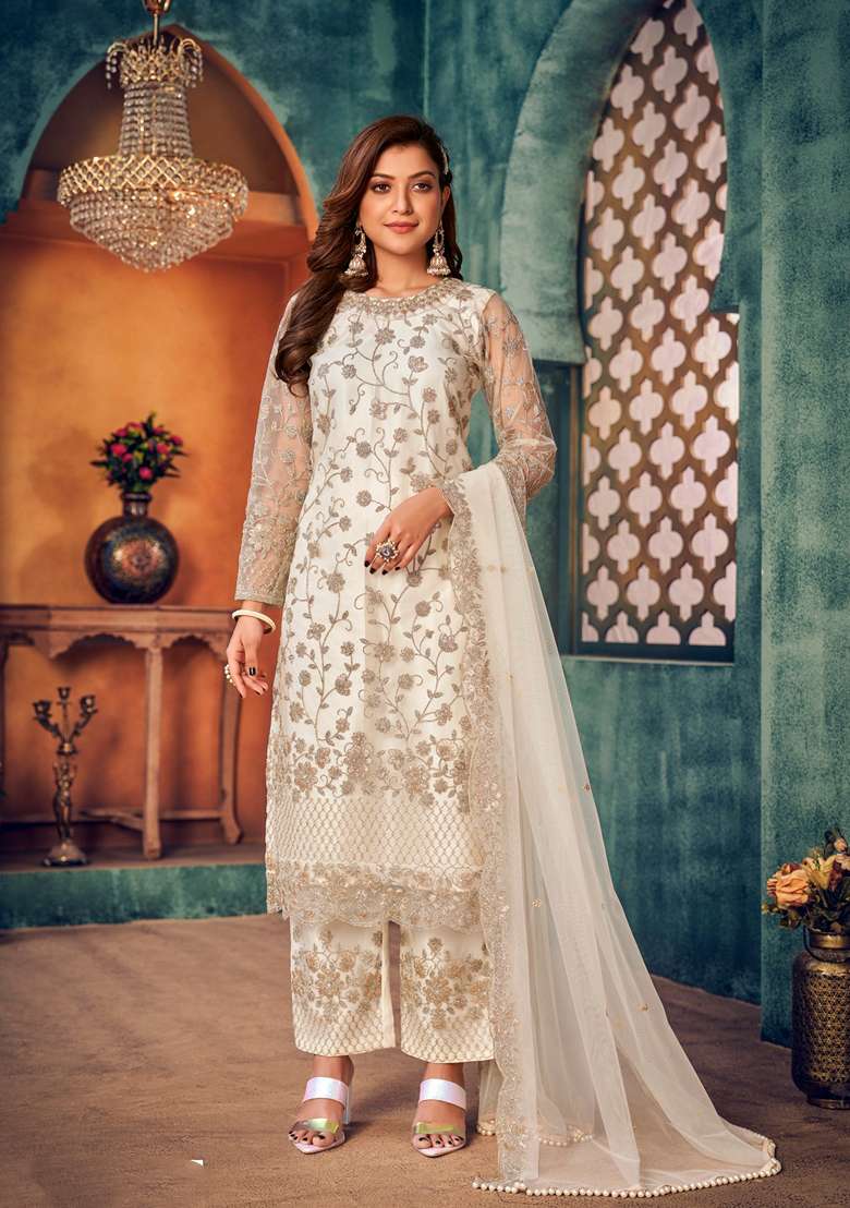 White Embroidered Net Pakistani Suit Set - Indya