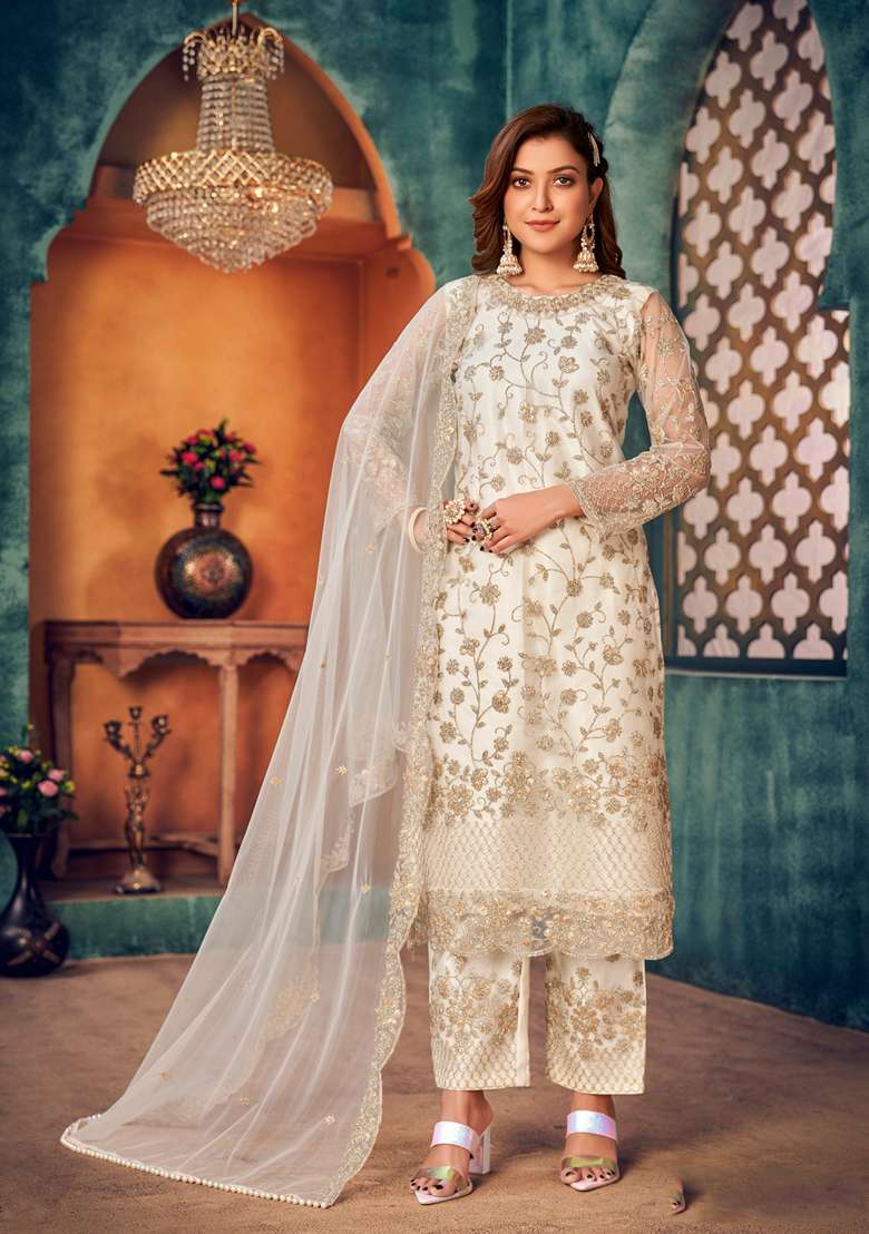 White Embroidered Net Pakistani Suit Set - Indya