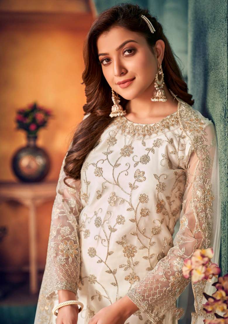 White Embroidered Net Pakistani Suit Set - Indya