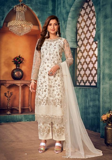 White Embroidered Net Kurta Set