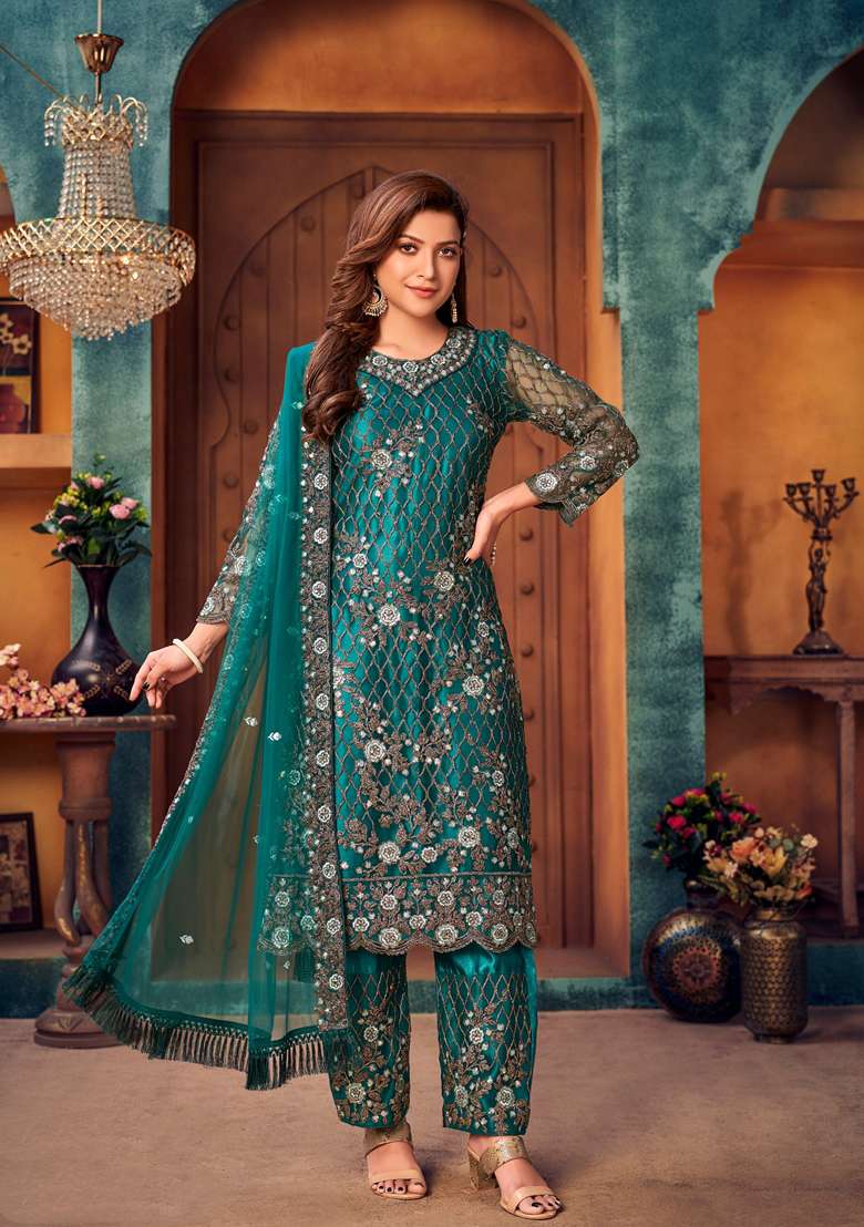 Teal Embroidered Net Pakistani Suit Set - Indya