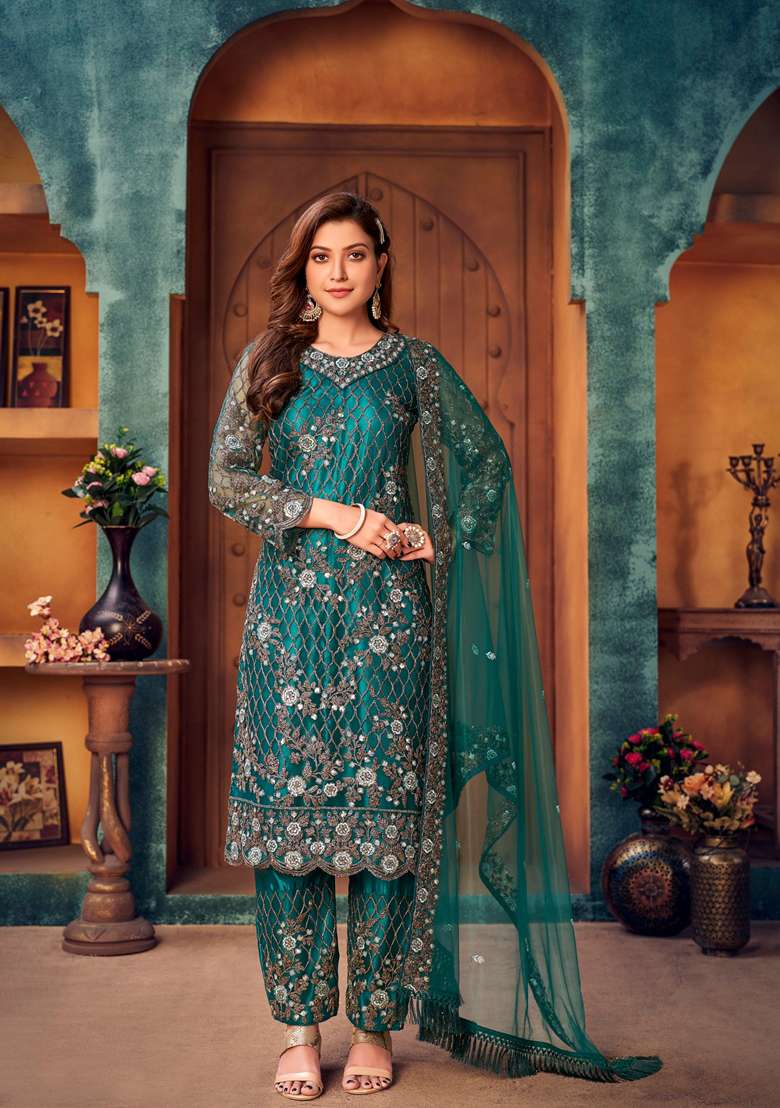 Teal Embroidered Net Pakistani Suit Set - Indya