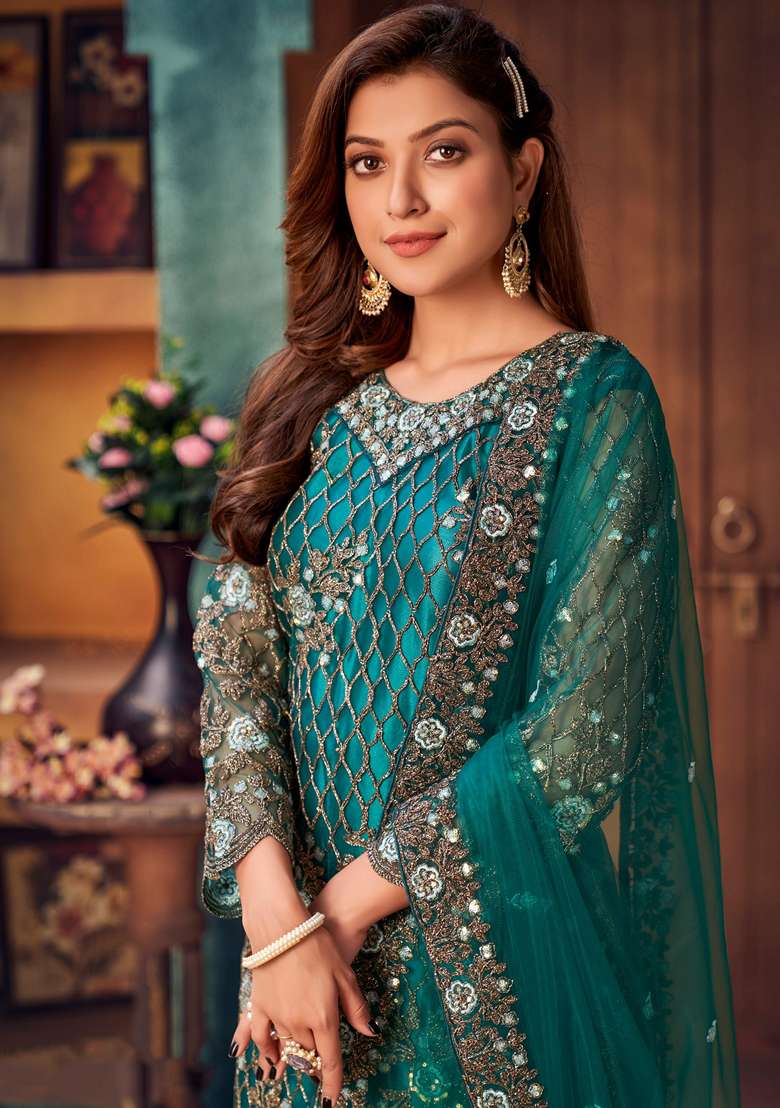 Teal Embroidered Net Pakistani Suit Set - Indya