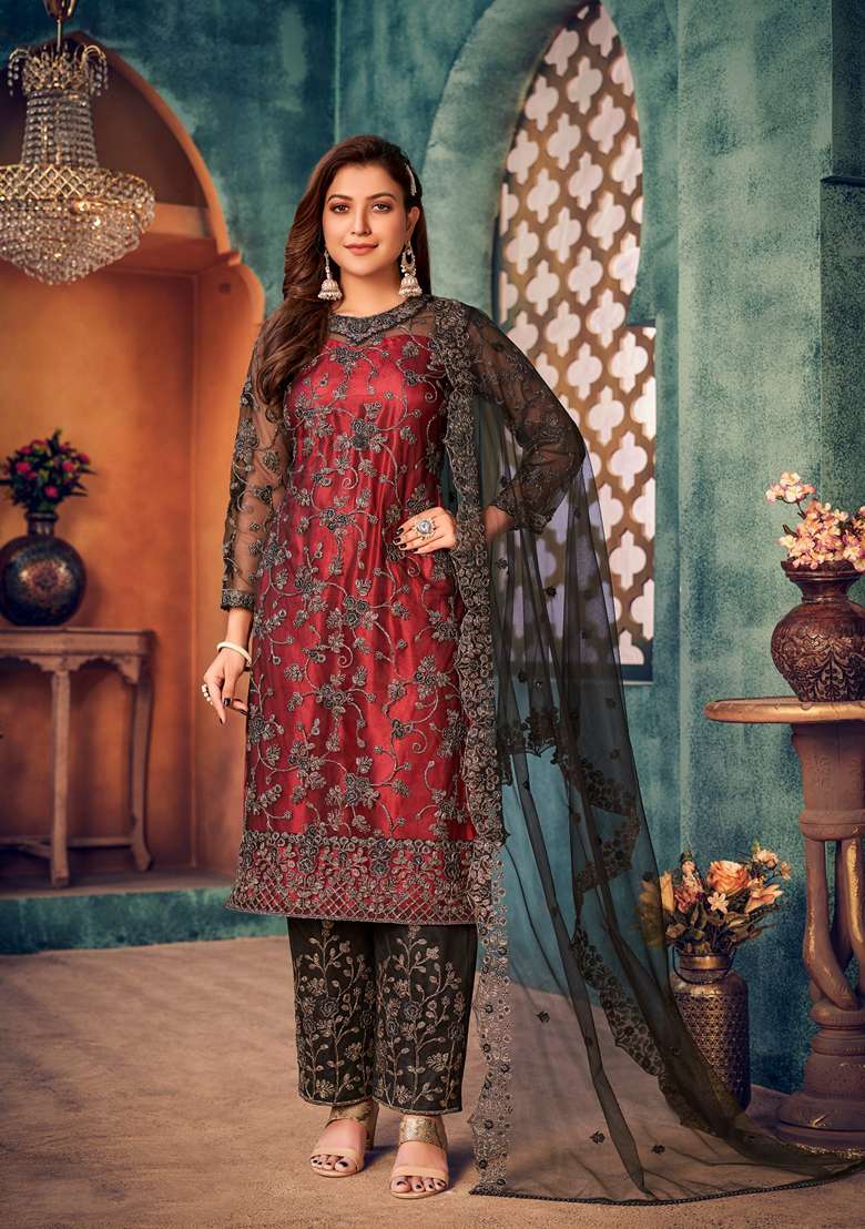 Maroon Embroidered Net Pakistani Suit Set - Indya