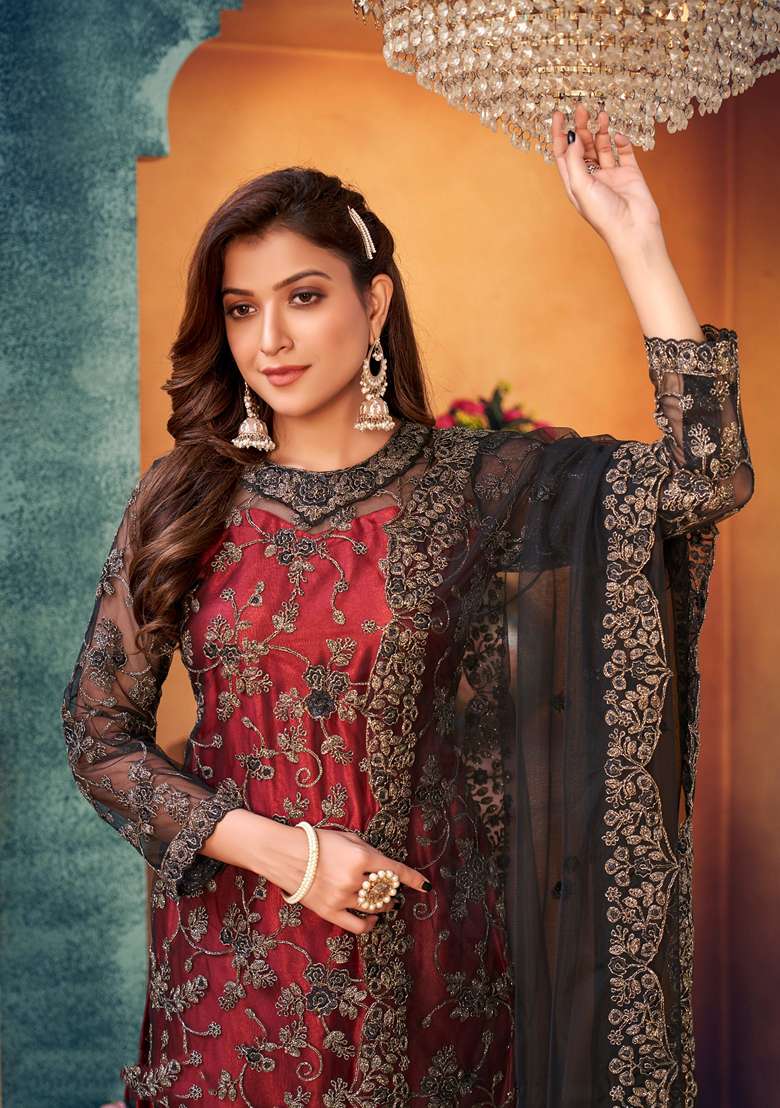 Maroon Embroidered Net Pakistani Suit Set - Indya