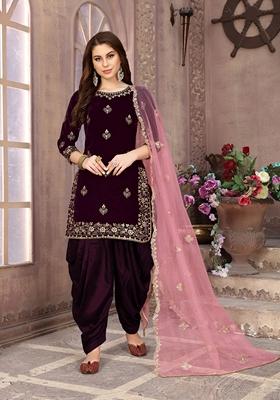Purple Embroidered Pure Velvet Kurta Set