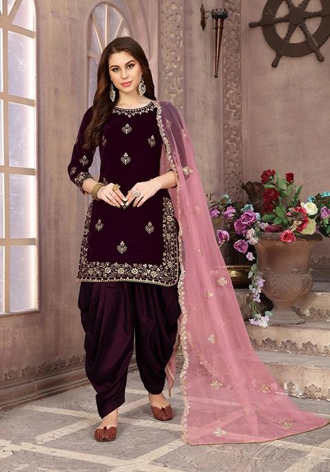 Purple Embroidered Pure Velvet Kurta Set