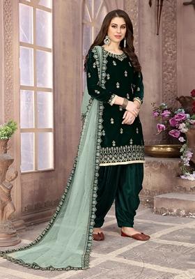 Green Embroidered Pure Velvet Kurta Set