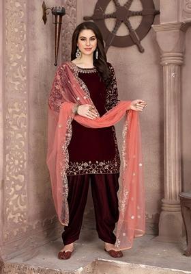 Maroon Embroidered Pure Velvet Kurta Set