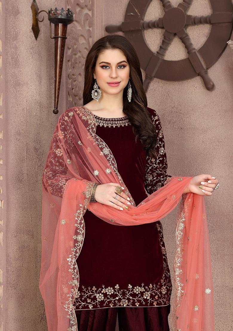 Maroon Embroidered Pure Velvet Kurta Set